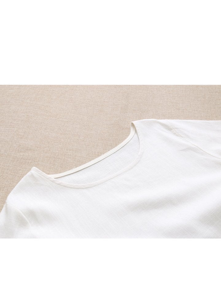 Minibee Women's Ethnic Cotton Linen Short Sleeves Irregular Tunic Dress (M, White) - Image 4